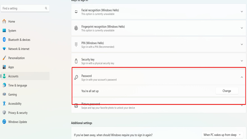Nhấn vào mục Password nếu chưa có thì add, thay đổi thì ấn Change Nhấn vào Password