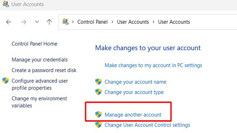 Nhấp chuột chọn Manage another account Chọn Manage another account