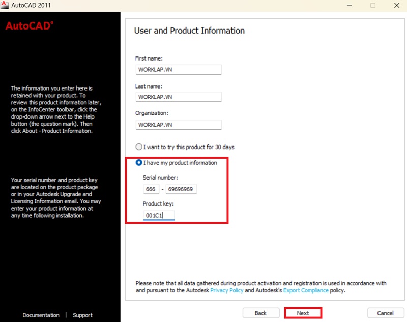 Điền thông tin và Serial Number rồi bấm Next Điền thông tin và Serial Number rồi bấm Next