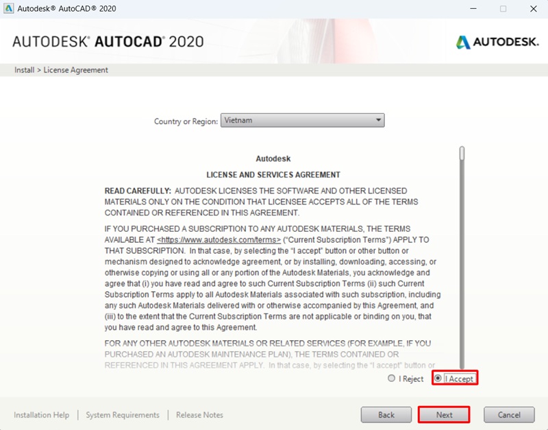 Đồng ý điều khoản AutoCAD 2020 rồi bấm Next Đồng ý điều khoản AutoCAD 2020 rồi bấm Next