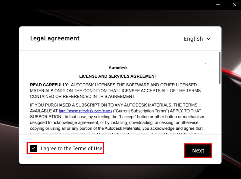 Đồng ý với điều khoản AutoCAD 2025 xong bấm Next Đồng ý với điều khoản AutoCAD 2025 xong bấm Next