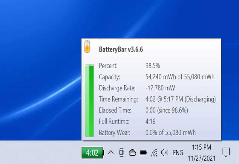 BatteryBar nhẹ, dễ dùng, hiển thị pin và thời lượng trực tiếp Taskbar. Cách dùng phần mềm hỗ trợ hiển thị phần trăm pin máy tính