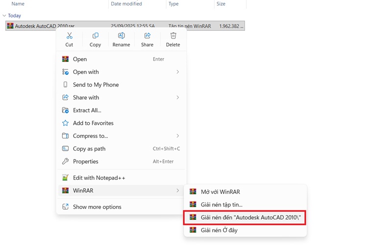 Giải nén file Autocad 2010