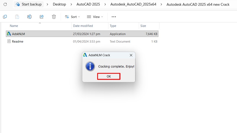 Hiện thông báo bấm OK là đã kích hoạt thành công AutoCAD 2025 Hiện thông báo bấm OK là đã kích hoạt thành công AutoCAD 2025