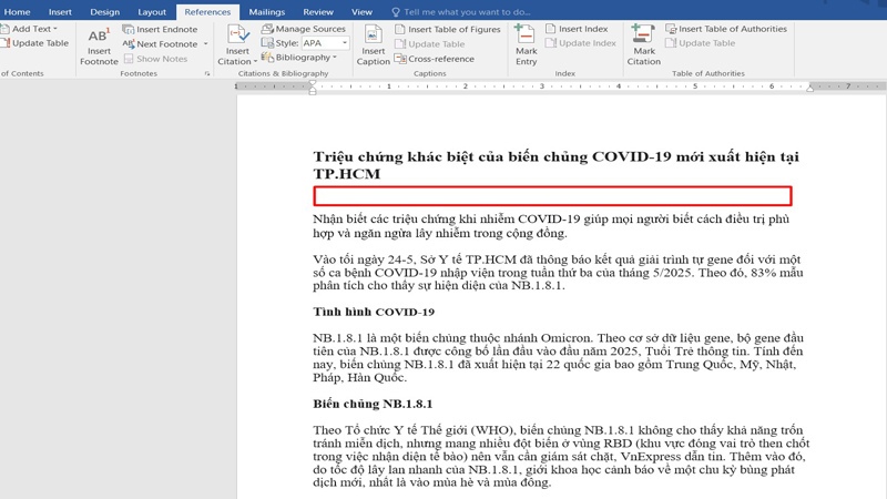 Xác định về vị trí đặt mục lục trong tài liệu và di chuyển chuột tới đó Xác định về vị trí đặt mục lục trong tài liệu