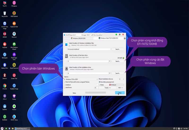Chọn phân vùng, cấu hình, nhấn cài đặt và khởi động Chuẩn bị USB, tải WinNTSetup và file ISO Windows