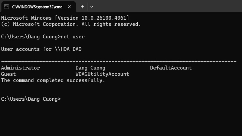 Gõ lệnh net user rồi nhấn phím Enter Gõ lệnh net user rồi nhấn Enter