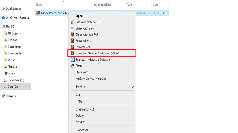 Giải nén file cài đặt Photoshop 2025