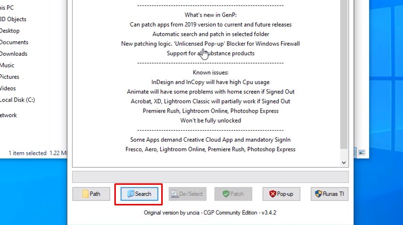 Khi cửa sổ Adobe GenP mở ra nhấn Search Khi cửa sổ Adobe GenP mở ra nhấn Search