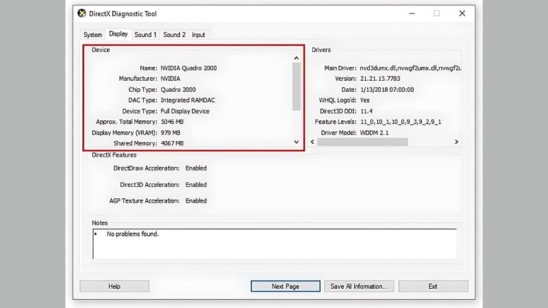 Bấm thẻ Display để xem các thông tin về card