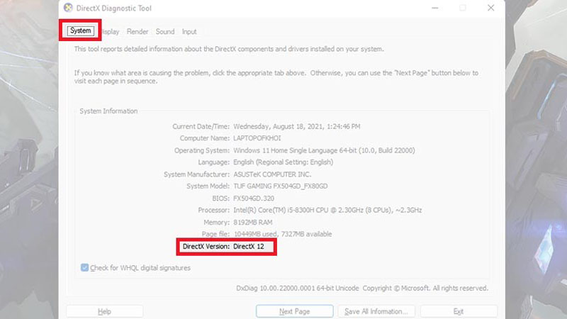 Kiểm tra tab System