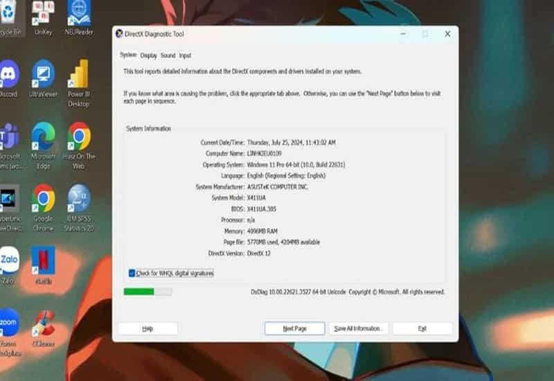 Dùng công cụ DirectX Diagnostic Tool kiểm tra thông số hiển thị nhanh chóng Nhập lệnh dxdiag để xem chi tiết độ phân giải màn hình hiện tại