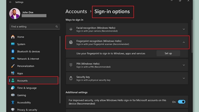 Kiểm tra tính năng bảo mật vân tay ở Settings