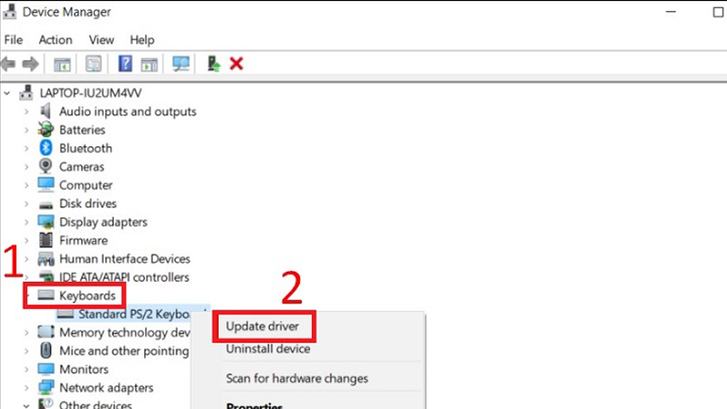 Tìm mục Keyboards rồi nhấp chuột phải vào tên bàn phím rời Tìm mục Keyboards nhấp chuột phải vào tên bàn phím rời