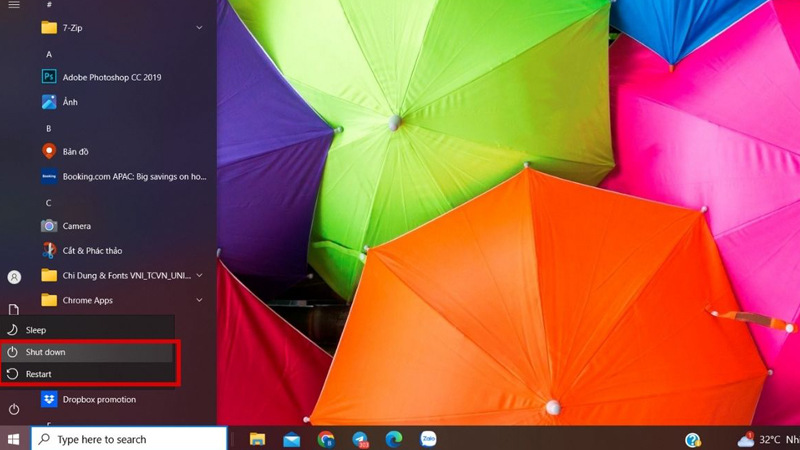 Chọn Shutdown hoặc Restart