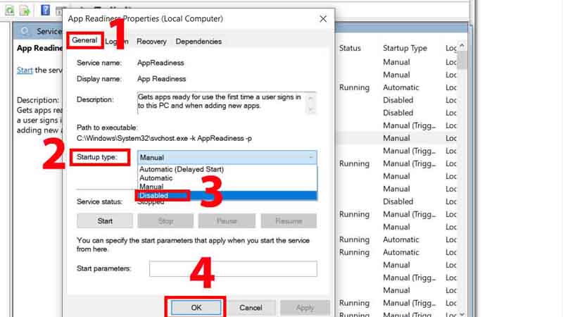 Trong tab General, chọn mục Startup type là Disabled