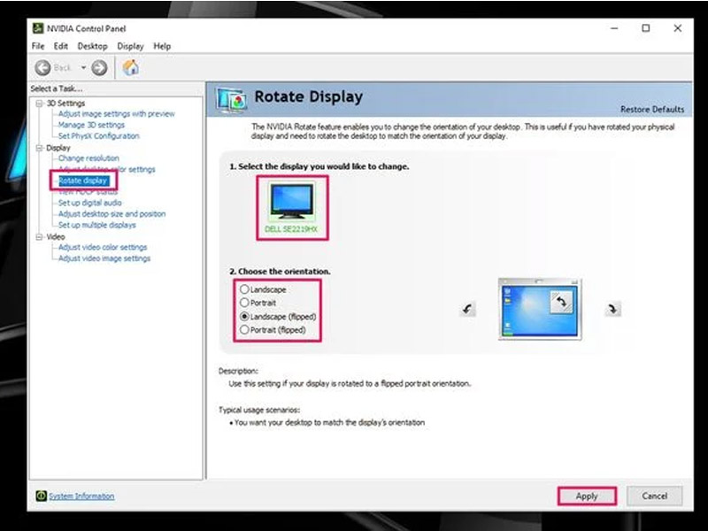 Trong bảng điều khiển, chọn Rotate display Chọn Rotate display