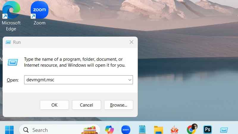 Nhấn tổ hợp Windows + R, nhập lệnh devmgmt.msc