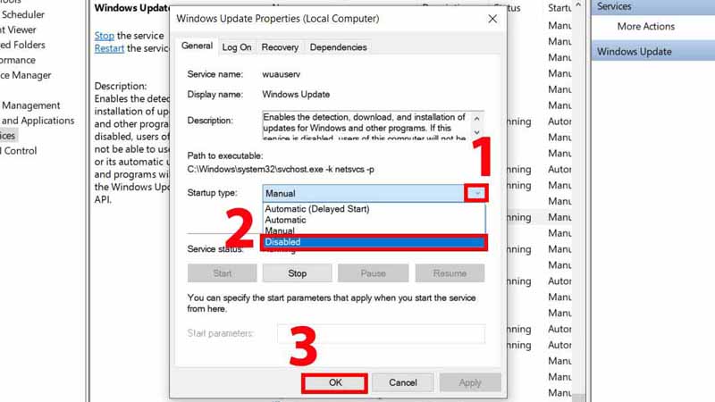 Tại mục Startup type, chọn Disabled và nhấn OK