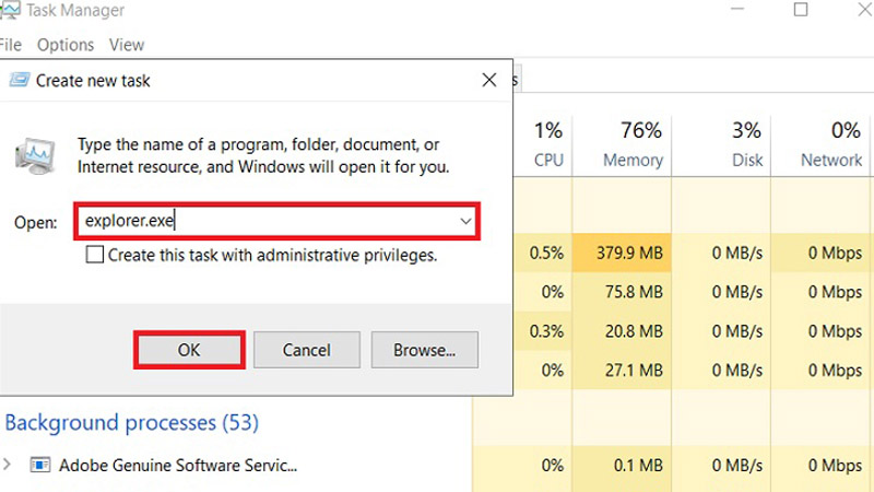 Gõ lệnh explorer.exe vào ô trống rồi nhấn OK