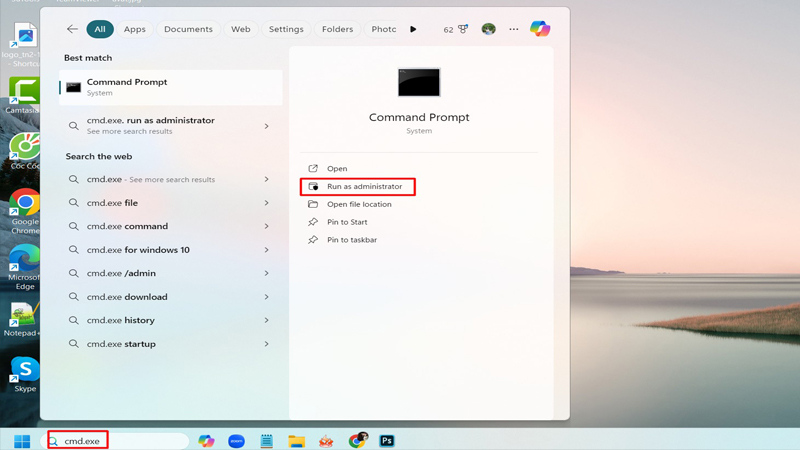 Gõ từ khóa cmd.exe ở biểu tượng tìm kiếm