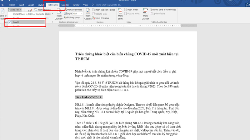 Ở phần tiêu đề chính của chương, ban chọn Level 2 Chọn Level 2