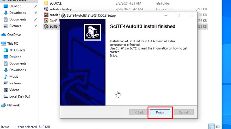 Nhấn chọn vào mục Finish để kết thúc bước cài đặt SciTE4Autoit3 Nhấn chọn vào mục Finish để kết thúc bước cài đặt SciTE4Autoit3