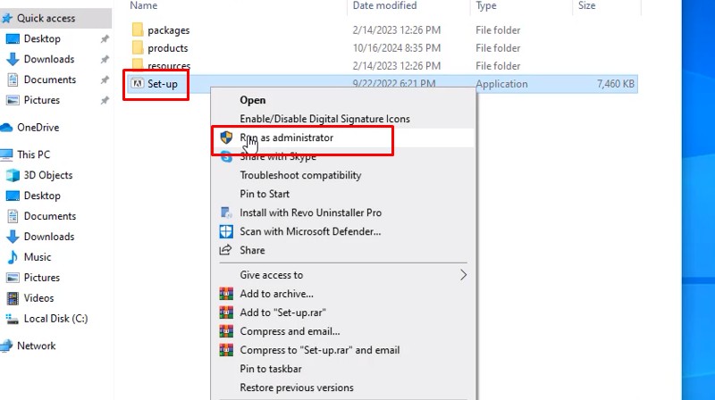 Nhấn chuột phải vào thư mục setup.exe và chọn Run as Administrator Nhấn chuột phải vào thư mục setup.exe và chọn Run as Administrator