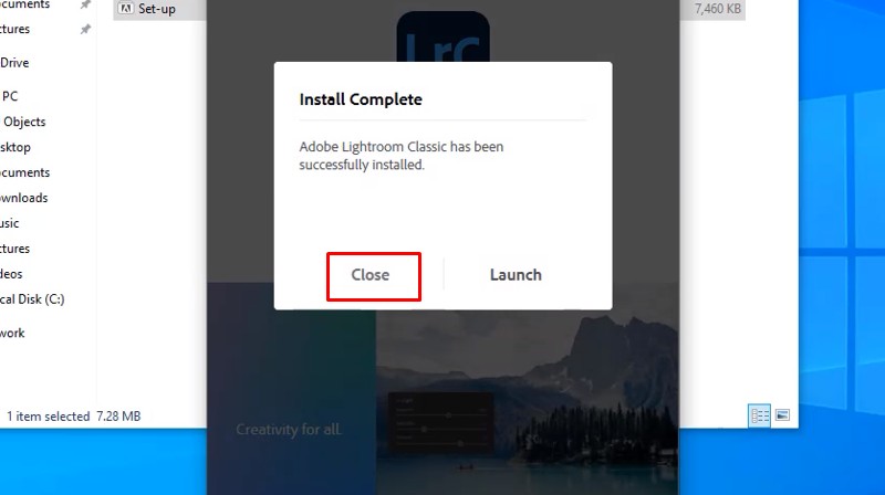 Nhấn Close để thoát khỏi cửa sổ cài đặt Adobe Lightroom 2025 Nhấn Close để thoát khỏi cửa sổ cài đặt Adobe Lightroom 2025