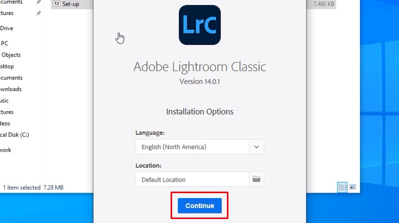 Nhấn Continue để tiếp tục cài đặt Adobe Lightroom 2025 Nhấn Continue để tiếp tục cài đặt Adobe Lightroom 2025