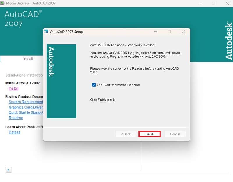 Nhấn Finish để hoàn tất cài AutoCAD 2007