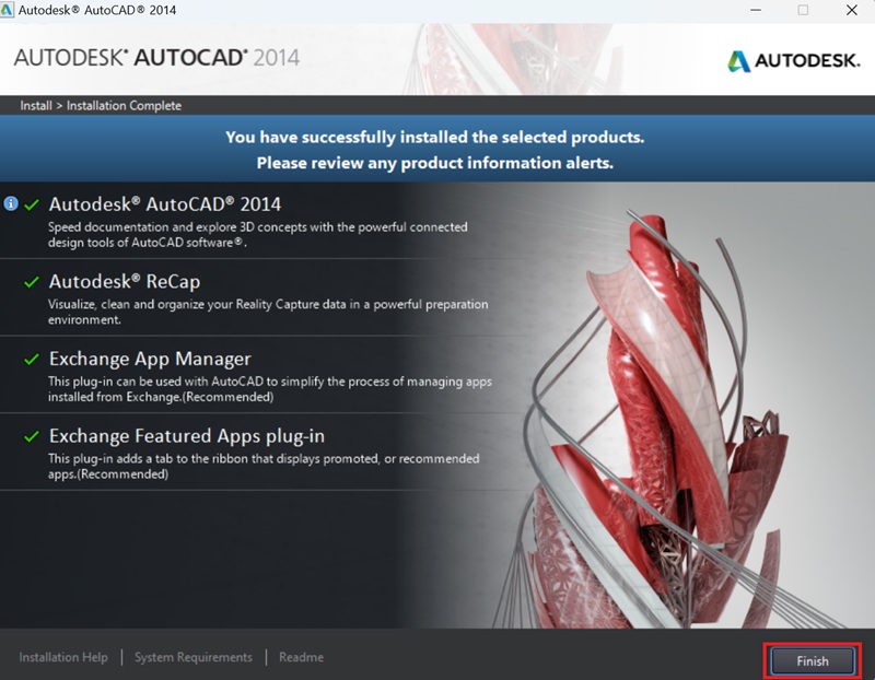 Nhấn Finish để hoàn tất cài AutoCAD 2014