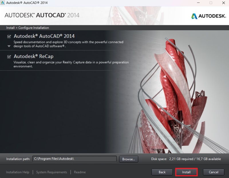 Nhấn Install để cài đặt Autocad 2014