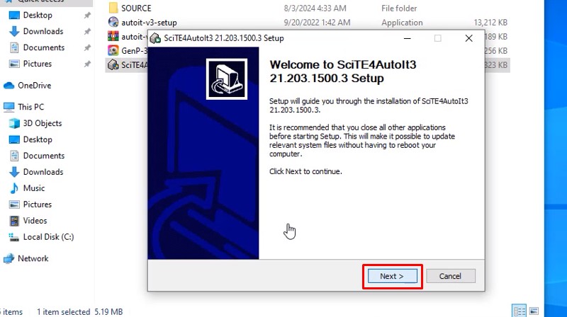 Nhấn Next để tiếp tục cài đặt SciTE4Autoit3 Nhấn Next để tiếp tục cài đặt SciTE4Autoit3