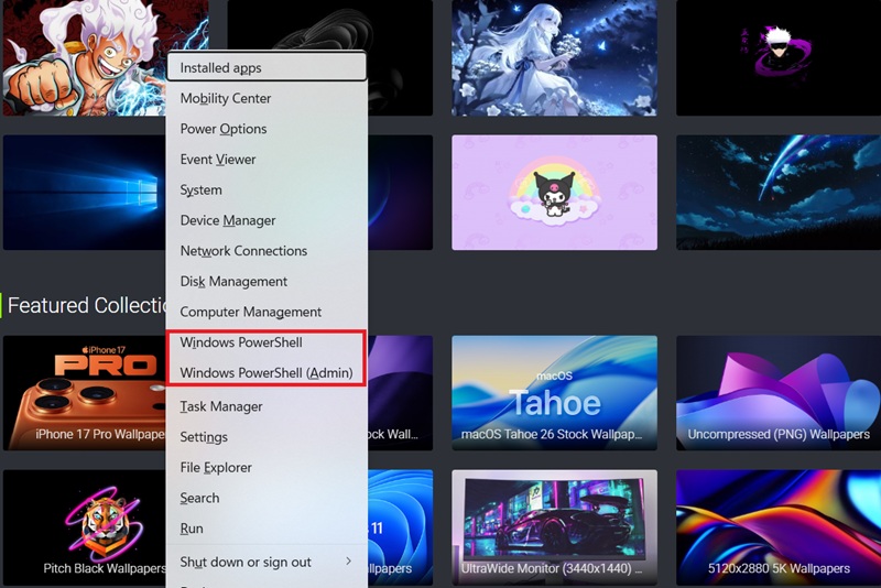 Nhấn tổ hợp phím Windows + X, sau đó chọn Windows PowerShell