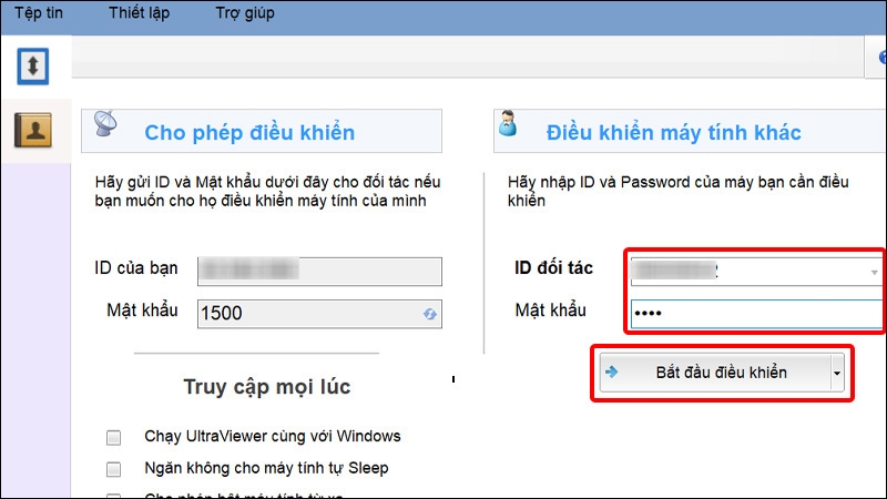 Nhập ID và mật khẩu của máy tính đối tác Nhập ID và mật khẩu của máy tính đối tác