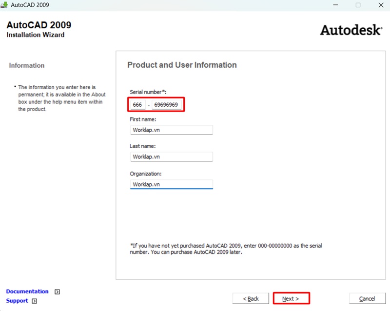 Nhập Serial Number như hình và bấm Next