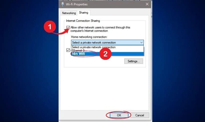 Chọn tên mạng ảo ở mục Home networking connection Ở Home networking connection, chọn tên mạng ảo
