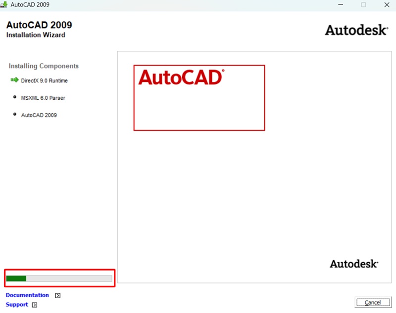 Quá trình cài đặt AutoCAD 2009 đang diễn ra