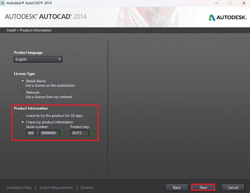 Nhập Serial Number và Product Key sau đó bấm Next