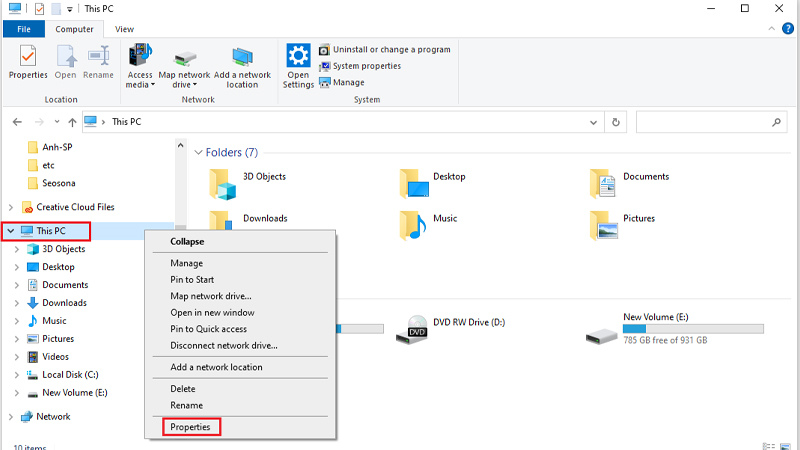 Chọn biểu tượng My Computer rồi bấm chọn vào mục Properties Bấm chọn vào mục Properties