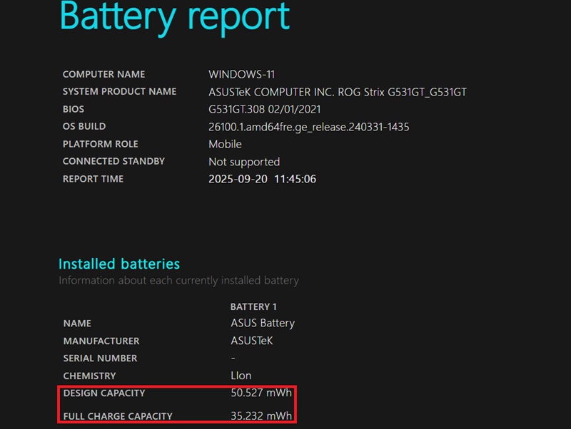 So sánh Design Capacity và Full Charge Capacity để biết mức độ chai pin