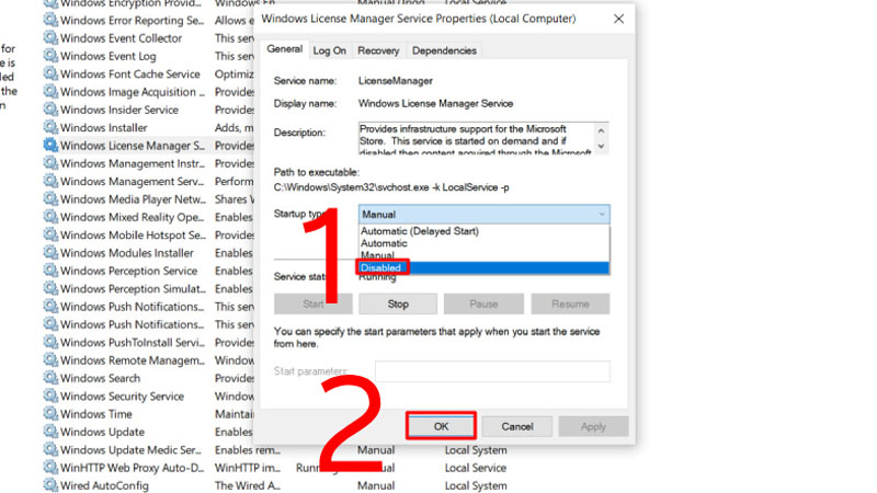 Trong danh sách có trong mục Startup type hãy bấm chọn vào Disabled Trong danh sách có trong mục Startup type bấm chọn vào Disabled