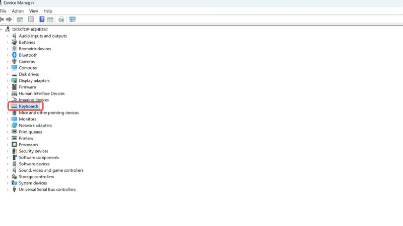 Trên cửa sổ Device Manager mở mục Keyboards Tìm và chọn Keyboards