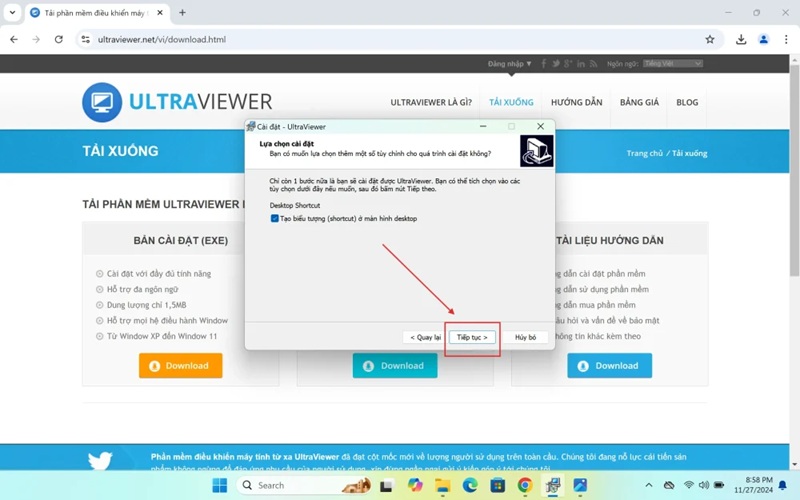 Tích chọn để hiển thị biểu tượng UltraViewer rồi bấm Next Tích chọn để hiển thị biểu tượng UltraViewer rồi bấm Next