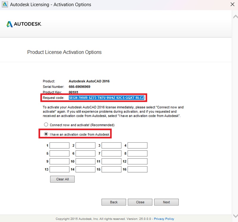Tích vào ô "I have an activation code from Autodesk" phía dưới Tích vào ô "I have an activation code from Autodesk" phía dưới