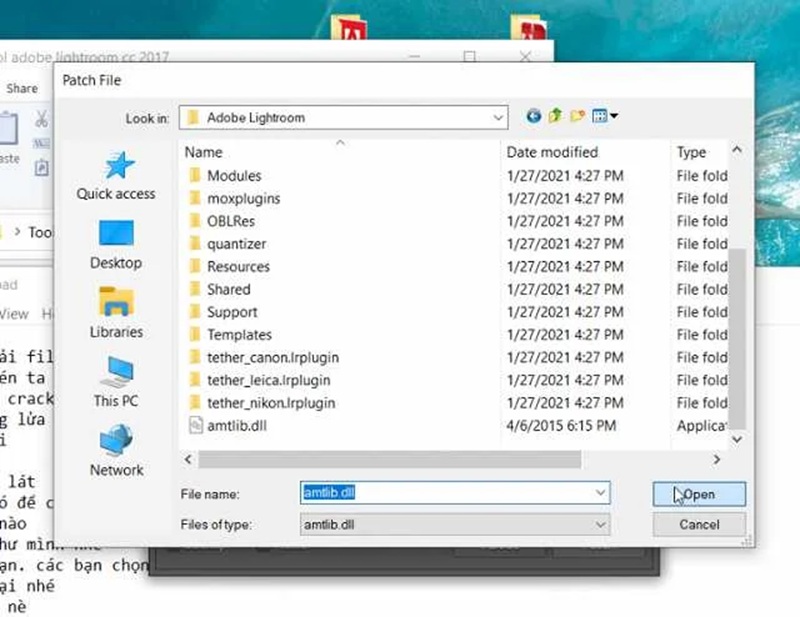 Tiếp đến bạn vào thư mục cài đặt Adobe Lightroom chạy file amtlib.dll Tiếp đến bạn vào thư mục cài đặt Adobe Lightroom chạy file amtlib.dll