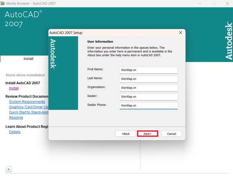 Tiếp tục bấm Next để cài đặt AutoCAD 2007