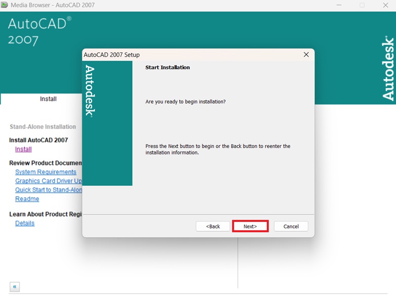 Tiếp tục nhấn Next để cài AutoCAD 2007