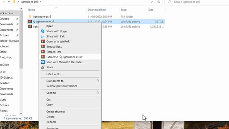 Tiếp theo bấm chuột phải vào tệp có tên Lightroom-cs-6 để giải nén Tiếp theo bấm chuột phải vào tệp có tên Lightroom-cs-6 để giải nén